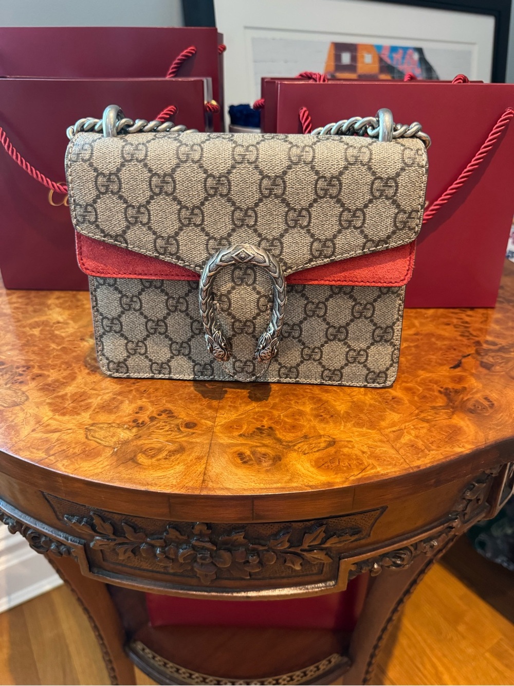 Gucci Dionysus GG Supreme Canvas Shoulder Bag-Red Suede Trim-Excellent Condition